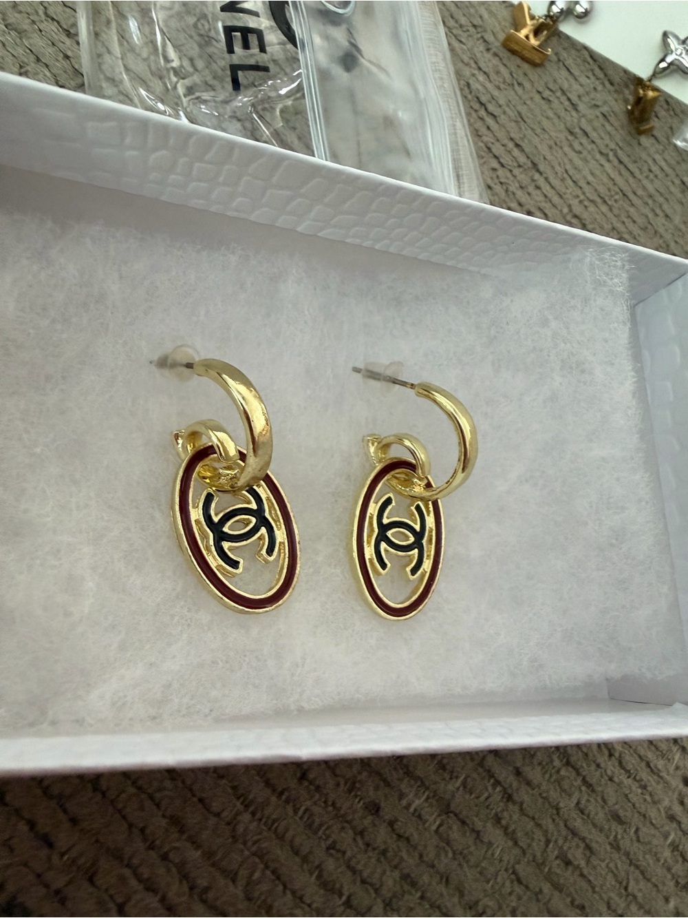 Gold-Tone Hoop Earrings with Black & Burgundy Oval Logo Charm, Fashion jewelry